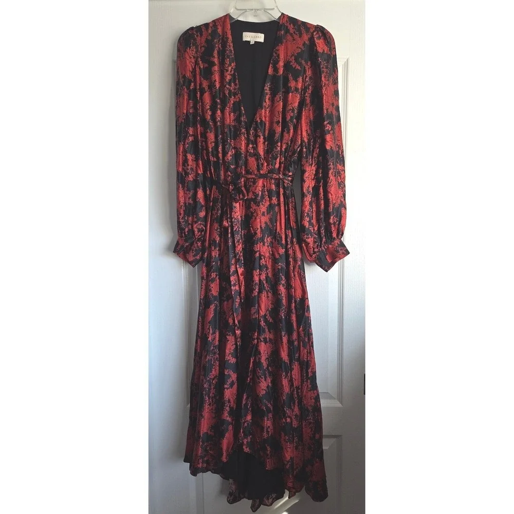 CABALLERO Anthro Red Black Silk Abstract Wrap Midi Dress Long Puff Sleeve Size M
